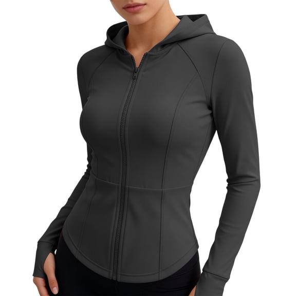 Bosfbaoi Women's Hooded Full Zip Long Sleeve Athletic Jacket, Slim Fit Stretchy Breathable Workout Top, Curved Hem Thumbhole Outerwear for Yoga Gym Daily