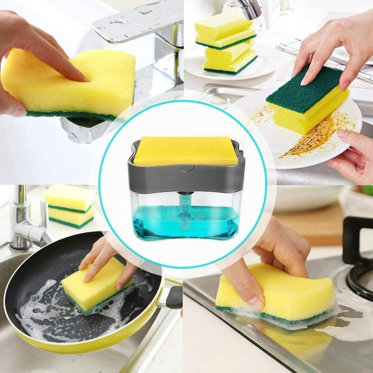 mDesign Plastic Kitchen Counter Dish Soap Pump, Sponge Caddy - Clear/Soft  Brass
