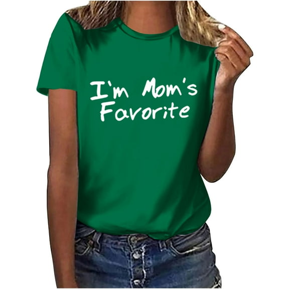 Hvot&aat Women's Fashion Crewneck Short Sleeve T-Shirt: "I'm Mom's Favorite" — Humorous Youth T-Shirt for Mother's Day