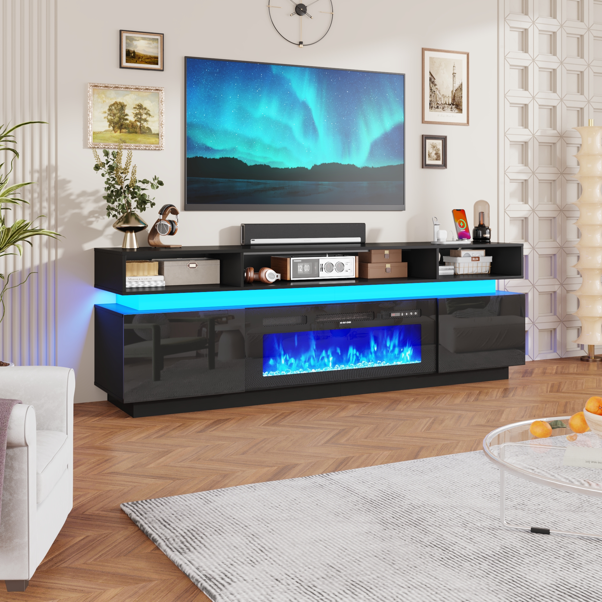 Chvans 82.7" Fireplace TV Stand for 95" TVs with LED Lights, Black photo 5