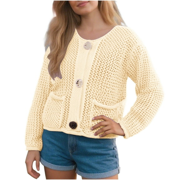 JSheng Women's Cardigan Sweater Casual Solid Color Long Sleeve Knitted Button Pocket Sweaters Jacket Beige L