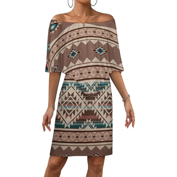 Southwest Native Aztec Women's Off The Shoulder Ruffles Summer Wedding Guest Loose Casual Party Beach Dress