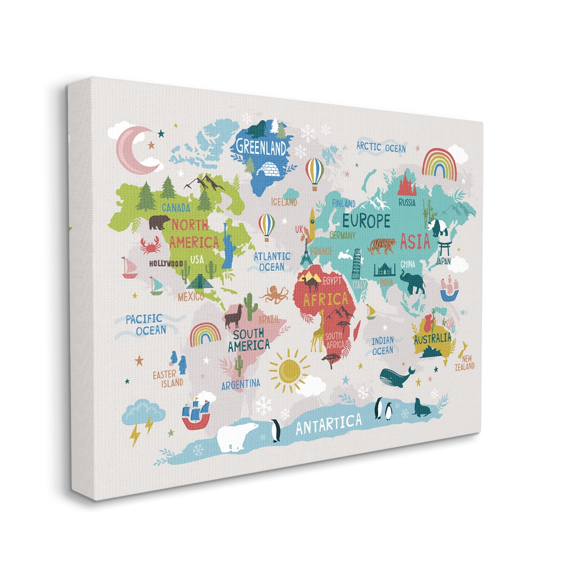 Stupell Industries Landmarks & Wildlife Illustration World Map Diagram Chart Canvas Wall Art, 20 x 16, Design by Lisa Perry Whitebutton