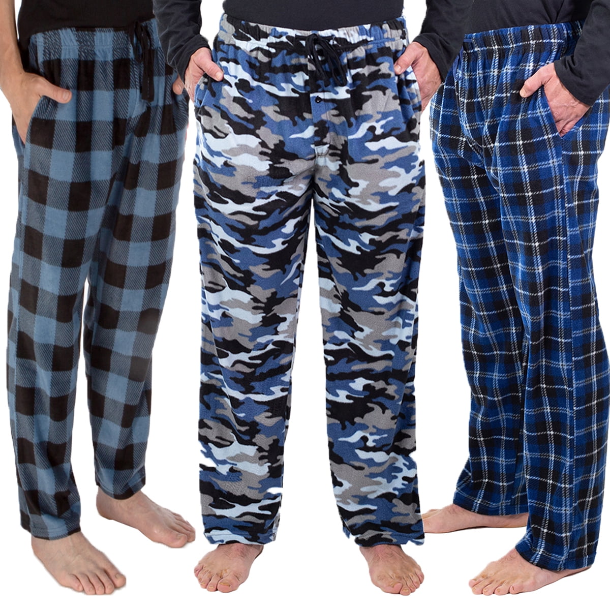 DG Hill Mens Sleep Pants, Fleece Pajama Bottoms with Pockets, 3 Pairs