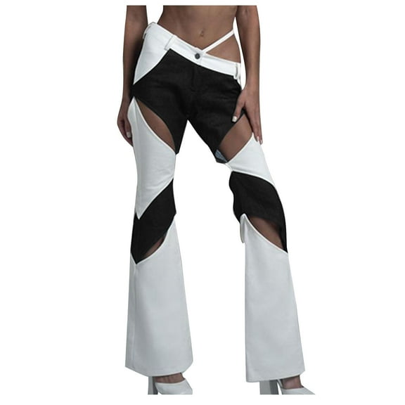 IROINNID Pants for Women Cargo Spring Summer Hollow Out Design with Contrasting Color High Waist Workwear Pocket Pants,Black