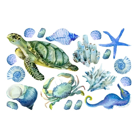 LAMIRO Under The Sea Wall Decals Art Ocean Beach Wall Sticker Sea Turtle Wall Stickers Ocean Grass Seaweed Decal Vinyl Wall Sticker Sea Crab Conch Starfish Seashell Removable Sticker