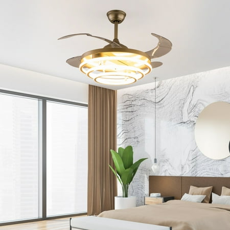 

Loyalheartdy 42 Inch Retractable Invisible LED Ceiling Fan Light Modern Reversible Chandelier 3 Color 6 Speed Remote Pendant Lamp