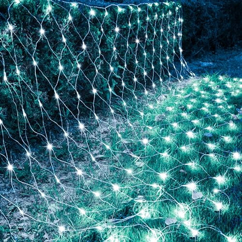 kemooie Outdoor Christmas Net Lights, 198 LEDs 9.8FT x 6.6FT Net Lights, 8 Twinkle Modes Plug in Mesh Lights for Christmas Tree Bushes Wrap Garden Decorations (White)