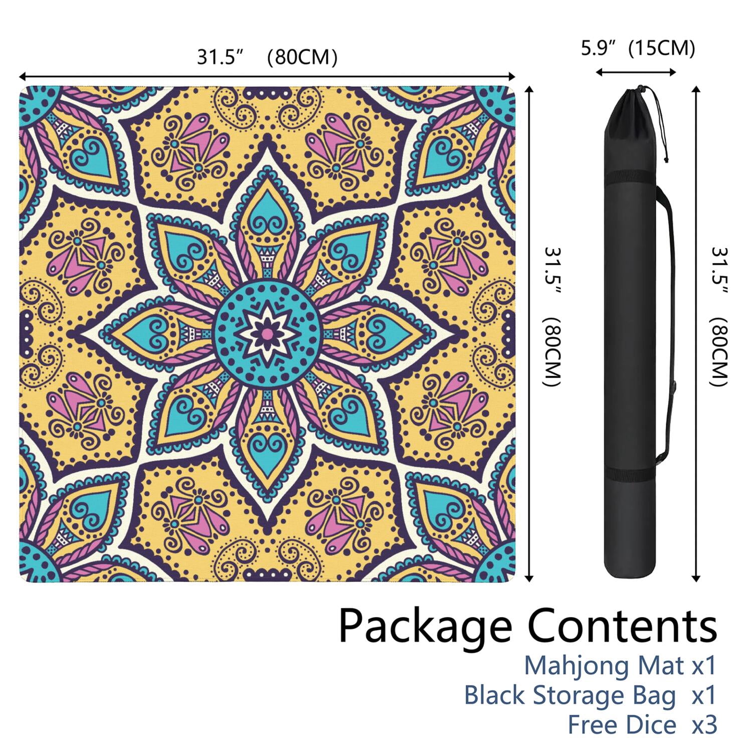 Mandala Mahjong Mat for Table, 31.5*31.5in Anti Slip American Mahjong Table Cloth, Noise Reduction, Neoprene Mah jongg Mat with Carrying Bag & 3 Dices, Mahjong Accessories Gift, Board Tile Games Mats