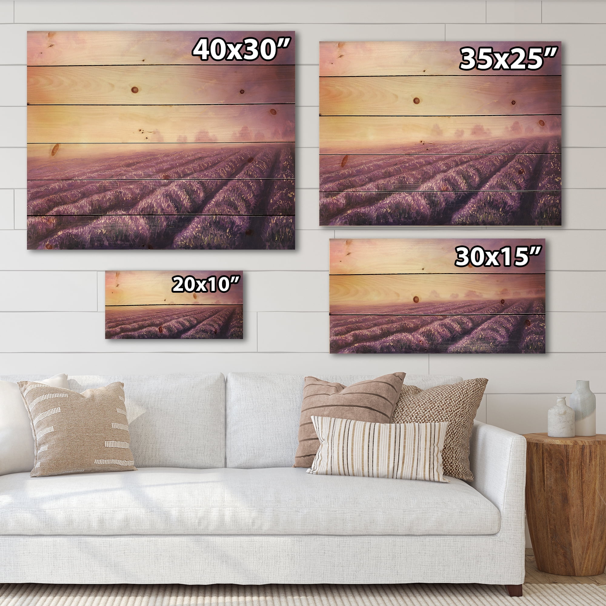 Designart 'Lavender Fields During Sunrise' Modern Print on Natural Pine Wood