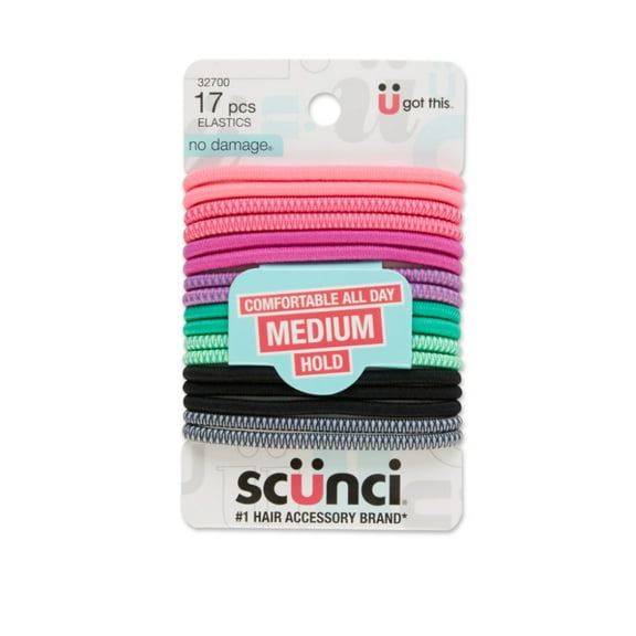 Scunci No Damage Medium Hold Hair Elastics, Assorted Colors, 17-Count