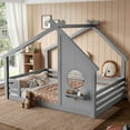 thumbnail image 3 of HICOMILA Full House Floor Bed with Window and Shelf, Montessori Solid Wood Floor Bed Frame with Roof Design, Low Profile House Bed for Girls＆Boys, No Box Spring Needed, Gray, 3 of 12