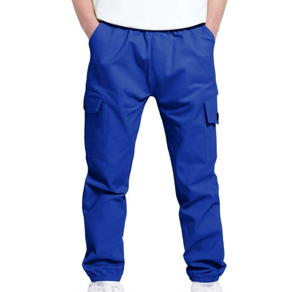 QQAMB Boys Stretch Cargo Pants Kids Elastic Waist Solid Color Straight Leg School Youth Joggers Pants,12 Years