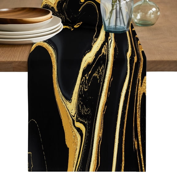 Black Gold Marble Short Table Runner 48 Inches Long, Modern Geometric Textured Cotton Linen Table Runners Dresser Scarves, Fabric Tabletop Scarf Furniture Cover for Home Dinner Party Decor 13"x48"