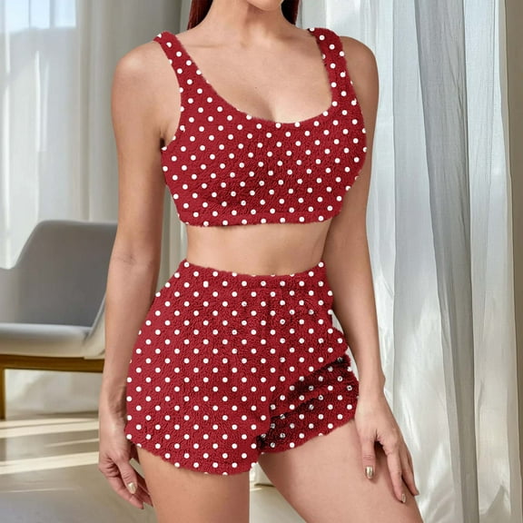 FRSASU Women's Winter Pajama Polka Dot Set 2 Piece Double Sided Velvet Camisole Vest and Shorts Outfit Warm Loungewear Cozy Sleepwear Wine