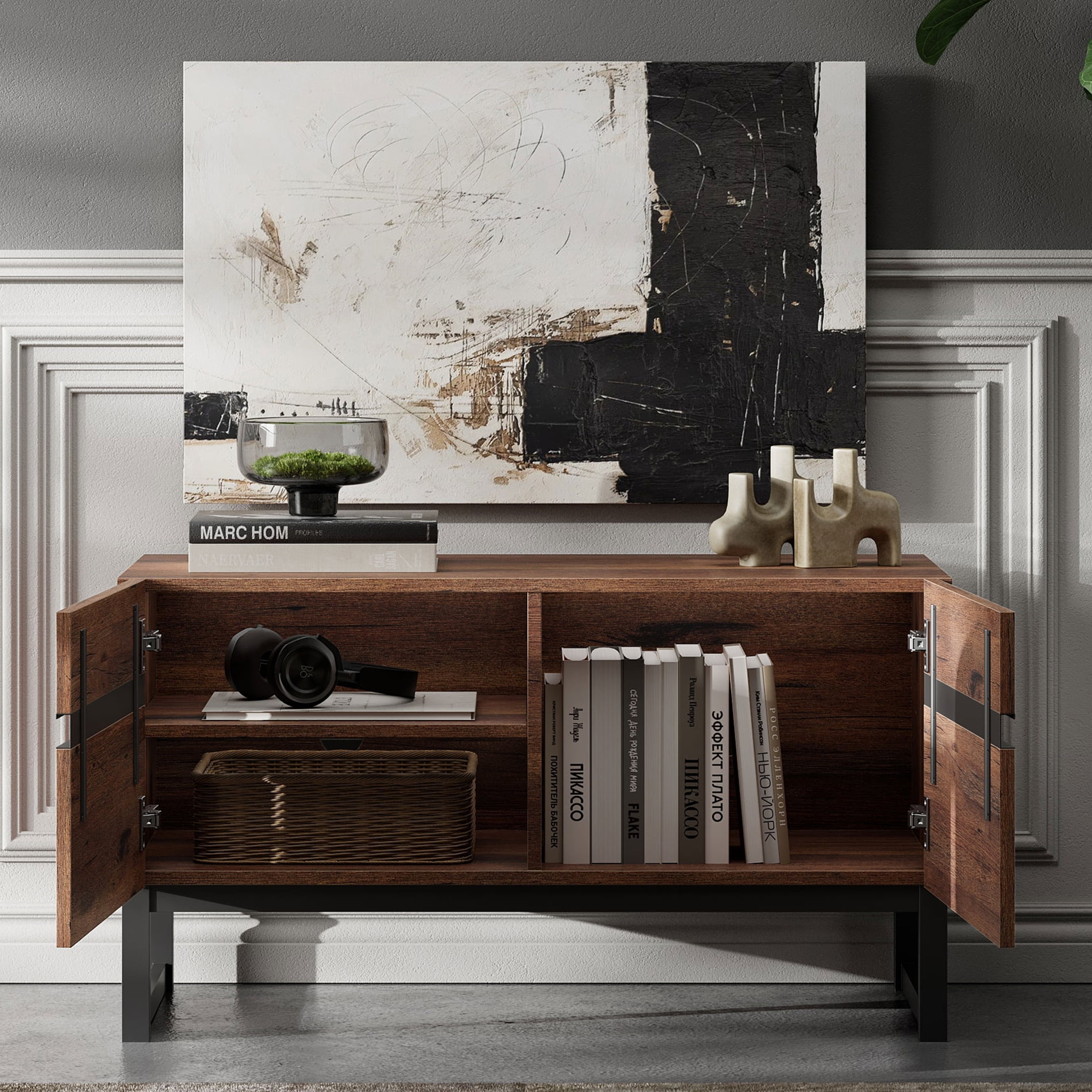 WAMPAT Modern TV Stand, 4-in-1 Entertainment Center with Storage Cabinets & Metal Base, 124" Brown, Fits TVs Up to 120"