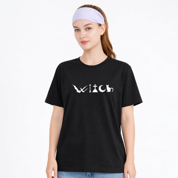 Women's Cotton T-Shirt, Witch Bat Text Gothic Graphic Crew Neck Short Sleeve Tee for Halloween Party
