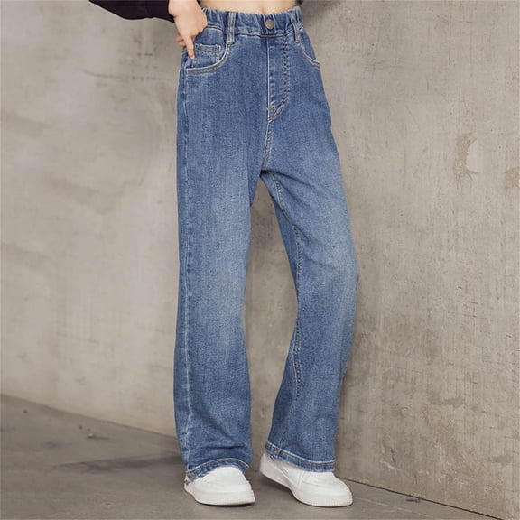 Swuxness Toddler Wide Leg Straight Jeans Full Length Pants Elastic Waist Loose Fall Casual Wear