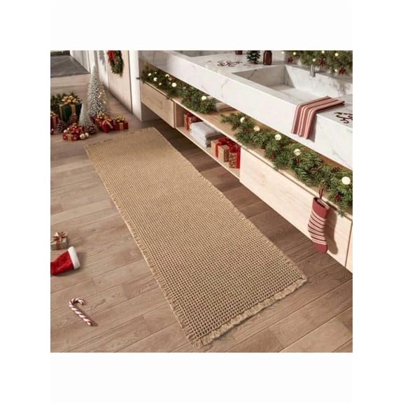 Waffle Weave Runner Rug With Tassels, Non-Slip Backing, Machine Washable, Beige 2x6