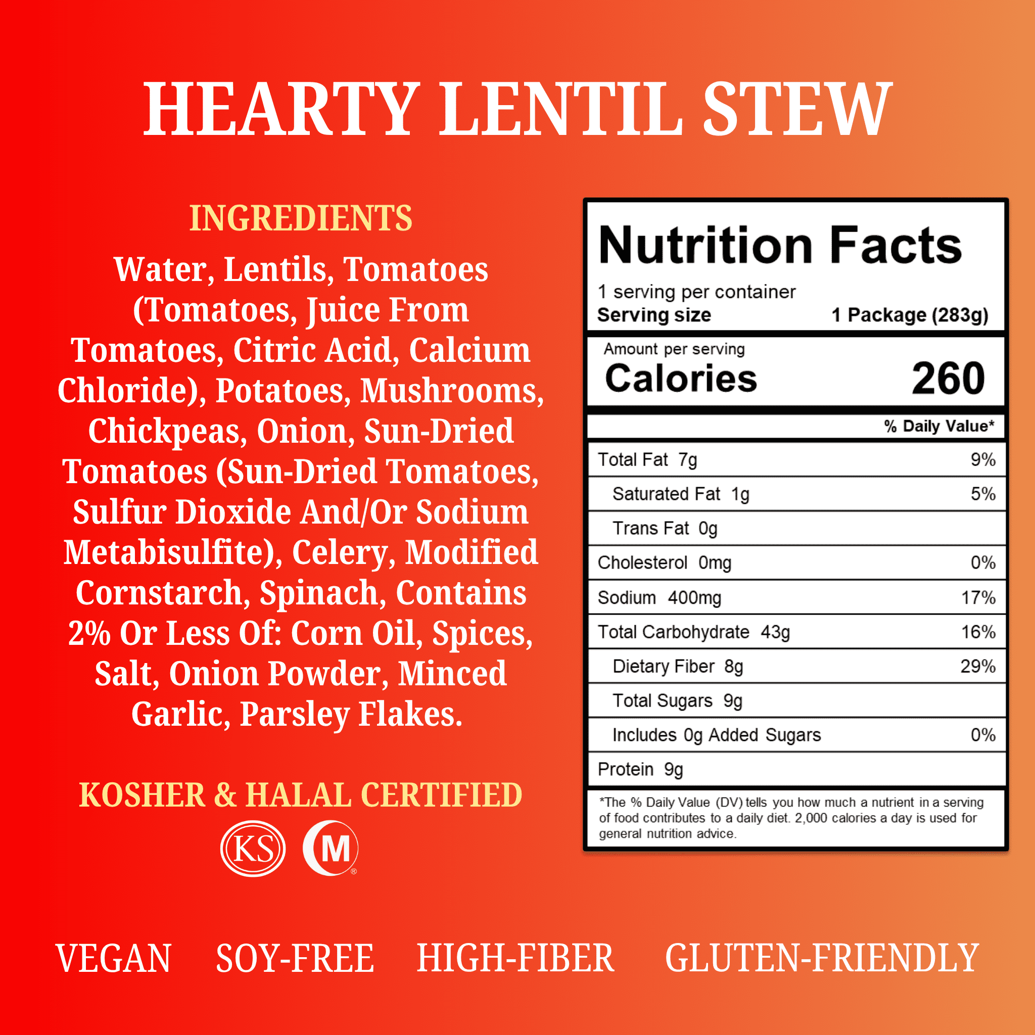 My Own Meal, Hearty Lentil Stew, Kosher and Halal Certified, Shelf Stable, 10 OZ Pack of 6