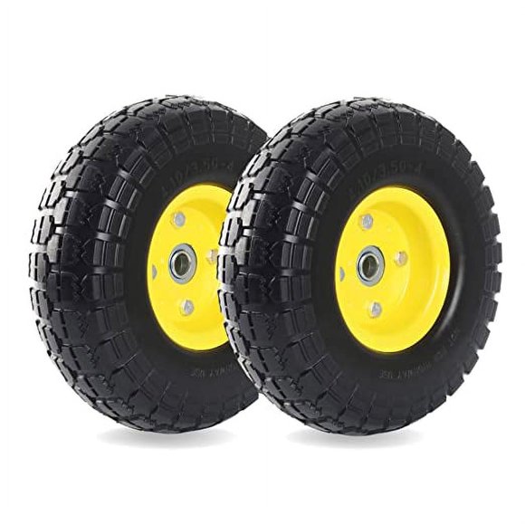 Zhuge (2-Pack) 10-Inch Solid Rubber Tires and Wheels - Replacement 4.10/3.50-4" Tires and Wheels with 5/8" Double Sealed Bearings, 2.17" Offset Hub - Perfect for Gorilla Carts Wheelbarrow,Yellow