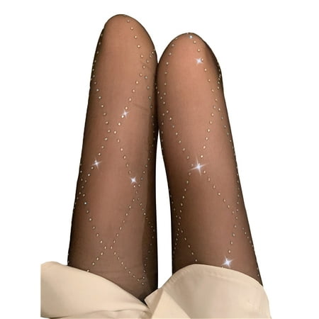 

Gwiyeopda Womens Black Stockings Female Letter Printed Flocking Hot Drilling Thin Silk Stockings