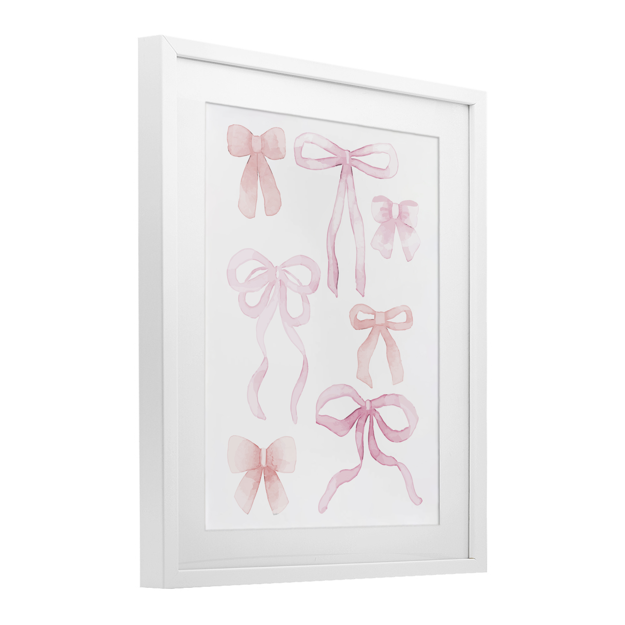 Pink Watercolor Bows White Framed Print Under Glass, design by Kim Allen