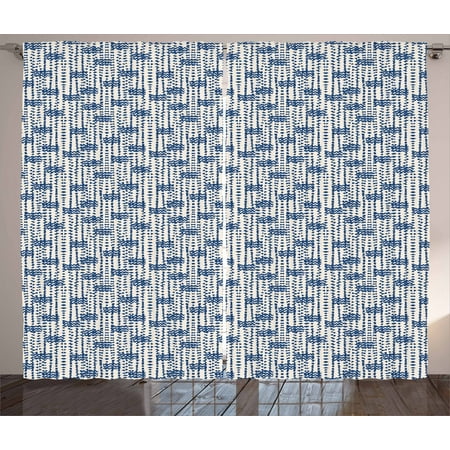 Tie Dye Curtains 2 Panels Set, Messy Waves and Small Triangles Indonesian Traditional Pattern Watercolors, Window Drapes for Living Room Bedroom, 108W X 84L Inches, Navy Blue and Cream, by