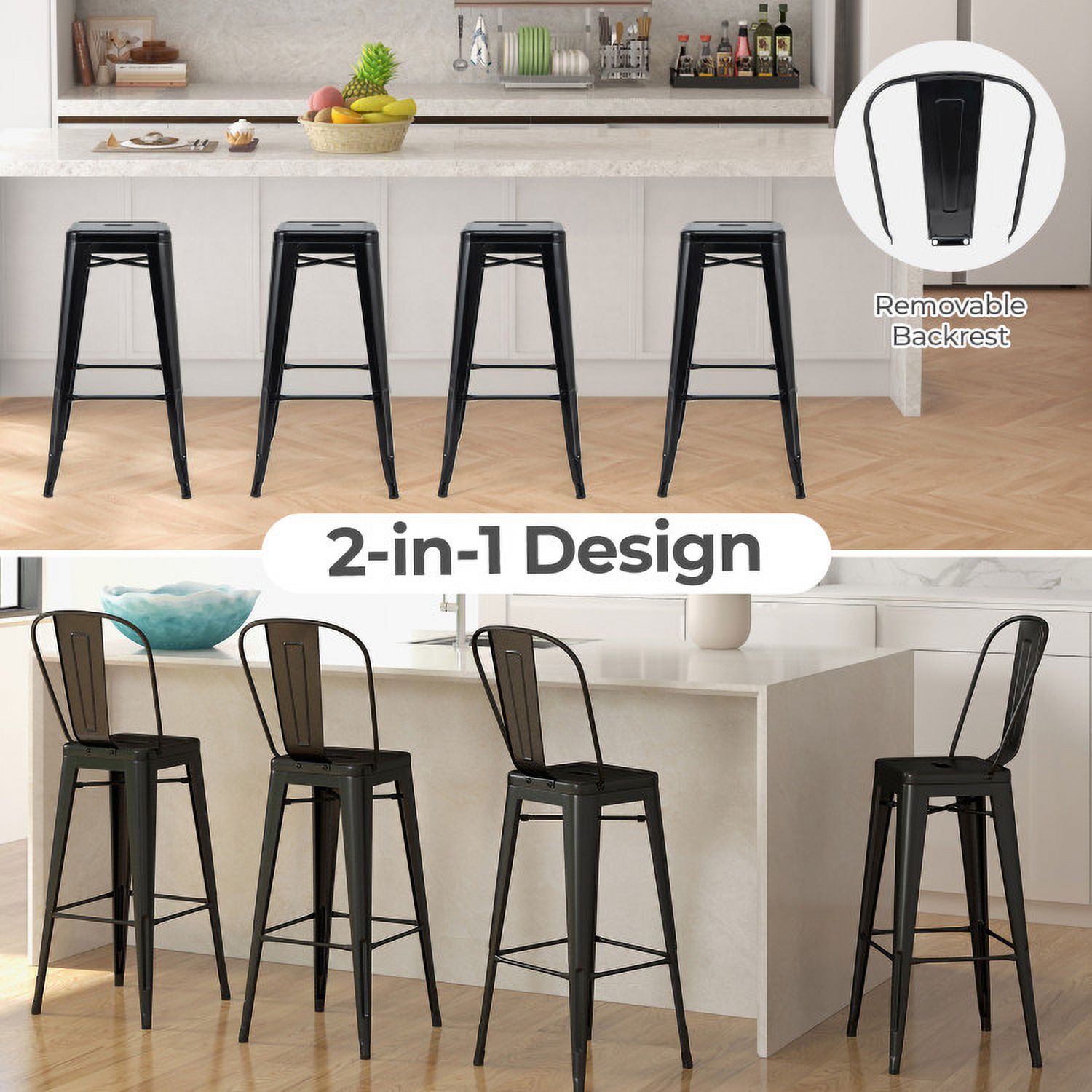 Demi Bonn 30" Height Set of 4 High Back Metaldustrial Bar Stools, Modern Dining Chair with Backrests, Black