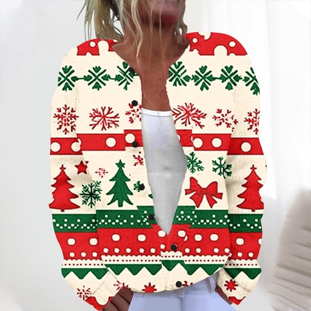 Cárdigan de punto con estampado navideño para mujer, abrigo con botones