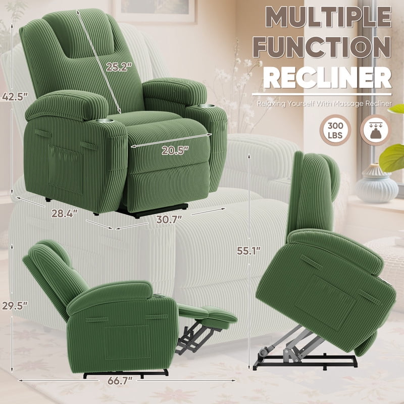 Homall Power Lift Recliner Chair with Massage for Living Room Recliner Chair for Elderly with Infinite Position Side Pocket and Saucer,Corduroy Green