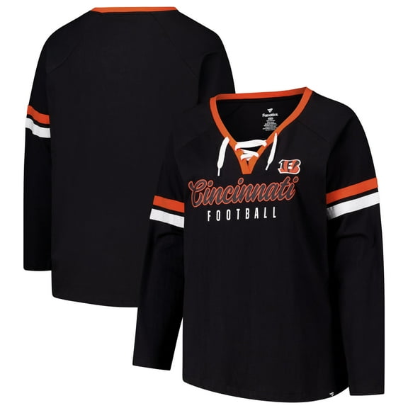 Women's Fanatics Black Cincinnati Bengals Plus Size Won & Done Lace-Up V-Neck Long Sleeve T-Shirt