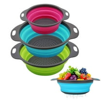 Collapsible Colander Basket Set of 3, Vegetables Fruit Washing Basket Drain Tool, Small & Big Size Silicone Telescopic Colander with Handle For Kitchen/Home/Restaurant Round Shape (Blue Red Green)