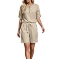 thumbnail image 5 of Women's Half Placket V Neck 3/4 Sleeve Top Drawstring Pocket Bermuda Shorts 2 Piece Outfit, Solid Summer Beach Casual Matching Set Beige XL(XL), 5 of 7