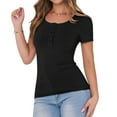 thumbnail image 3 of Women'S Spring Summer Short Sleeve Tops Ribbed Knit Henley Button Up Slim Fit Basic Casual T Shirts Blouse Black XL, 3 of 9