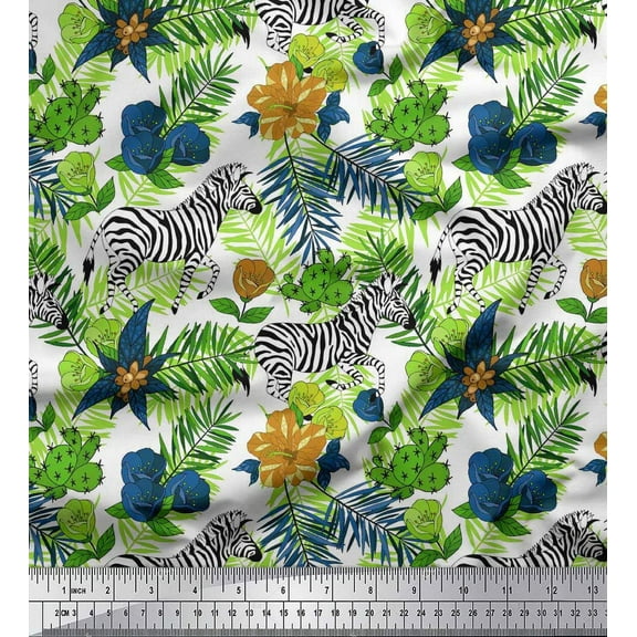 Soimoi Green Cotton Duck Fabric Tropical Leaves & Wild Animal Printed Craft Fabric by The Yard 42 Inch Wide