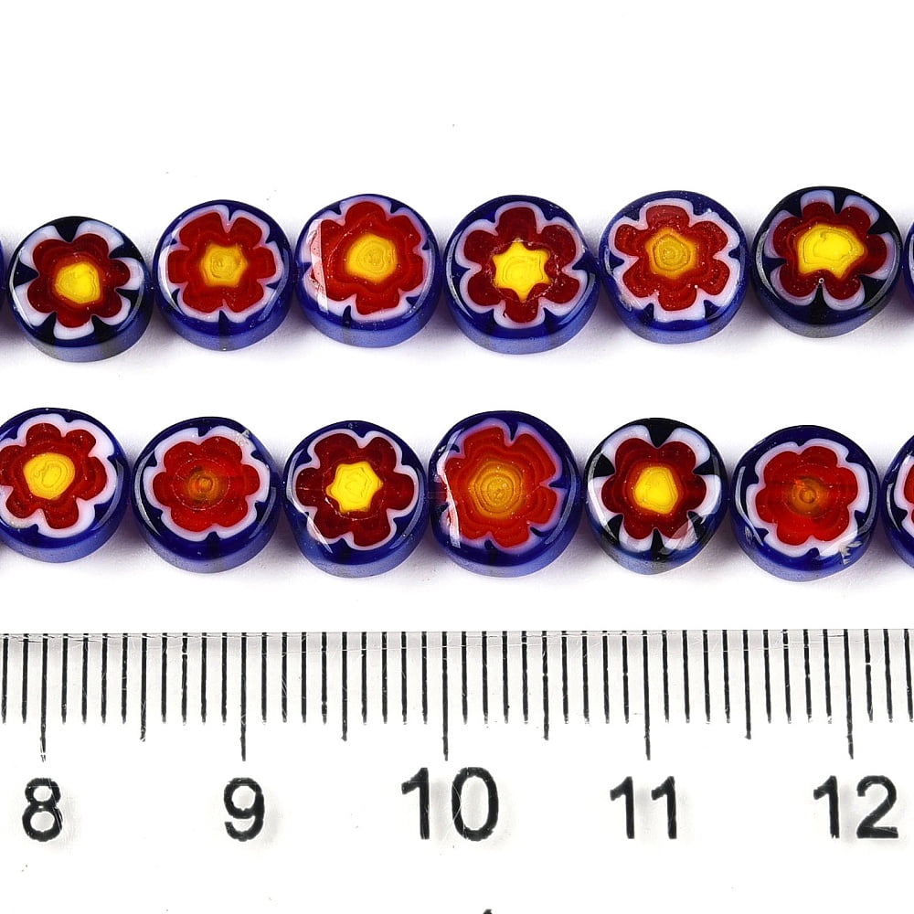 Handmade Millefiori Glass Beads Strands Flat Round Red 7.5x3.5mm Hole: 0.9mm about 52~53pcs/strand 15.83~16.10 inch(40.2~40.9cm)