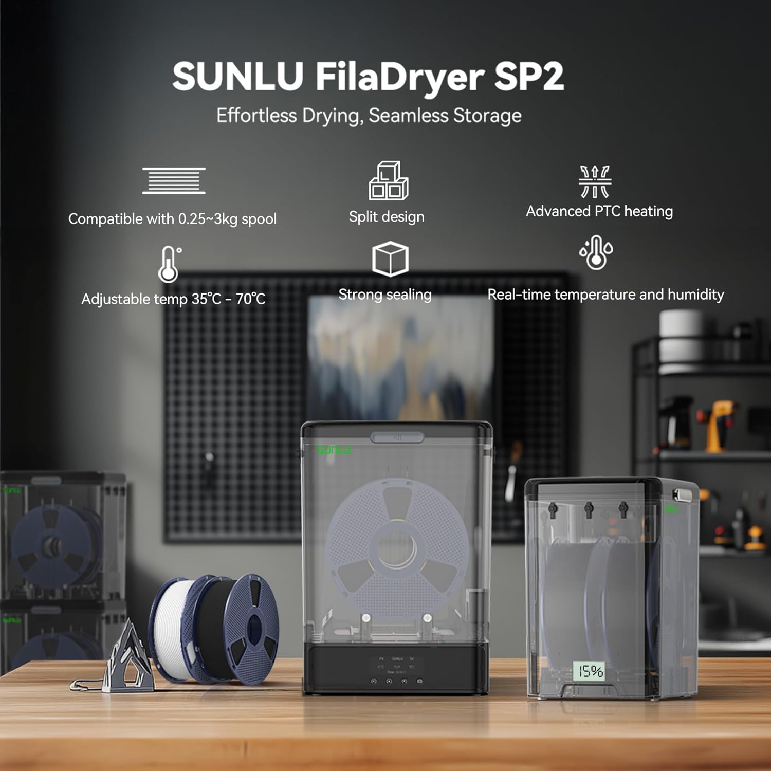 Filament Dryer, Filament Storage Box, SUNLU SP2 Filament Dehydrator for 3D Printer Filament, 70℃ Max, Heat Control, Compatible with 1.75mm/2.85mm PLA PETG TPU ABS PA PC