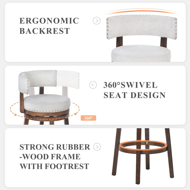 COLAMY Swivel Bar Stools Set of 4, 30 Inch Bar Height Stools, Modern Upholstered Wood Bar Chairs with Back for Kitchen Island & Home Bar, Heavy Duty 300 lbs Capacity, Fits 40-45" Bar Height, Beige