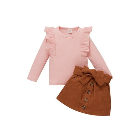 

IZhansean Toddler Baby Girls Fall Spring Outfits Knitted Ribbed Ruffle Long Sleeve Shirt Tops+Skirt Set Pink 2-3 Years