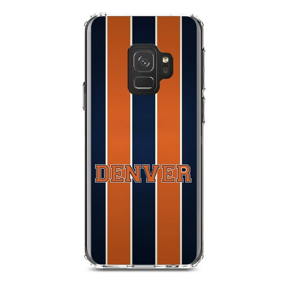 DistinctInk Clear Shockproof Hybrid Case for Samsung Galaxy S9 (5.8" Screen) - TPU Bumper, Acrylic Back, Tempered Glass Screen Protector - Orange Navy Broncos - Football Team