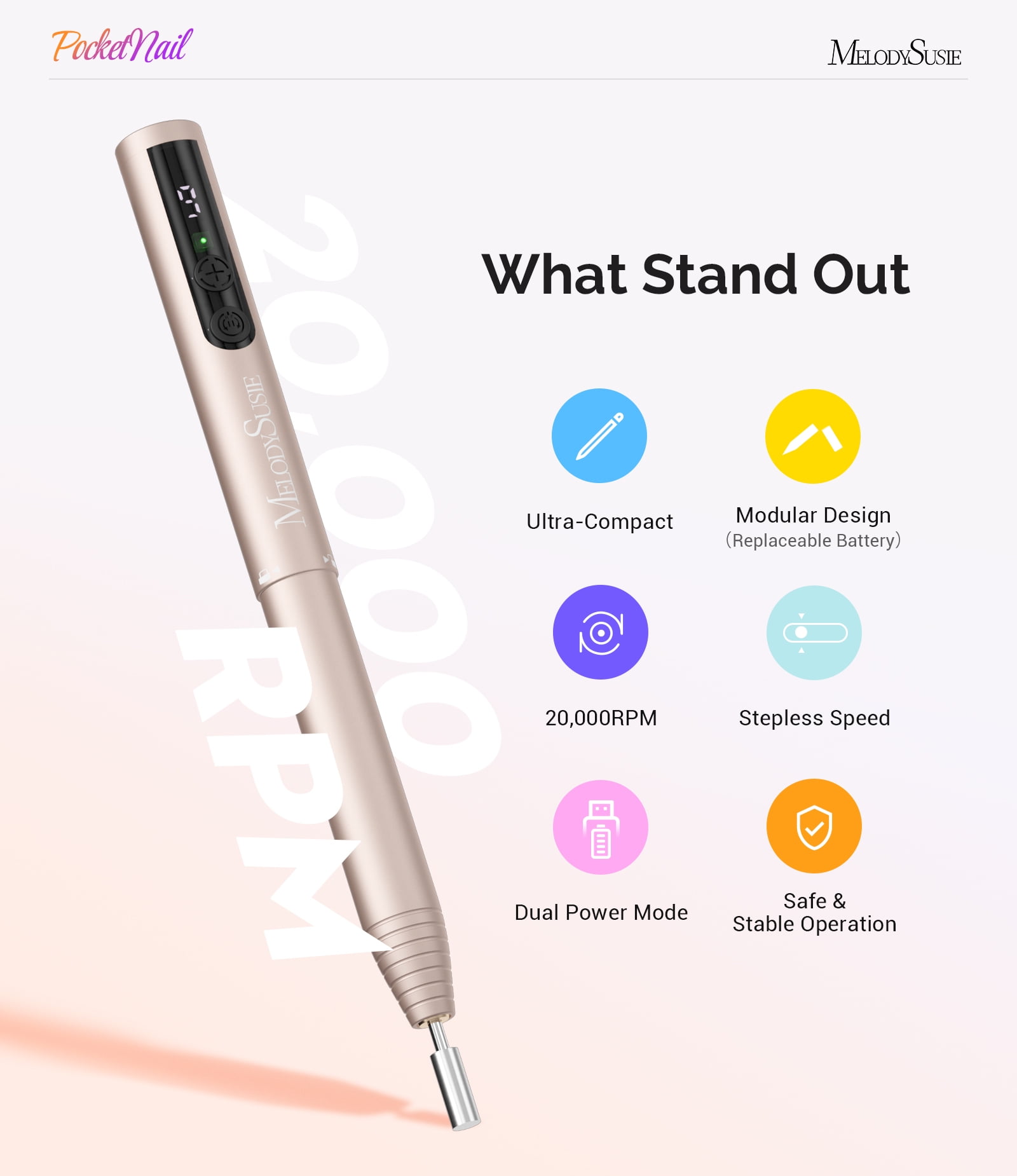 MelodySusie Portable Rechargeable Nail Drill, 20000 RPM PC100GR Pocket Nail File kit with Drill Bits & Sanding Bands, Gold