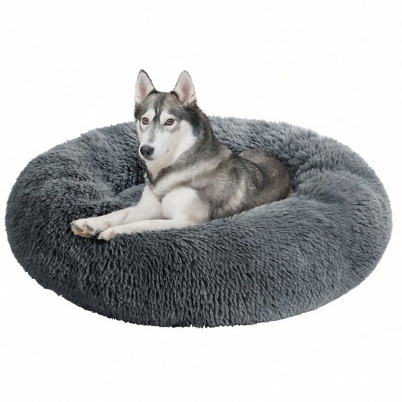 JQDWMDLX Dog Bed, Cat Calming Bed, Faux Fur Pillow Pet Donut Cuddler Round Plush Bed for Large Dogs and Cats,Dark Grey-L