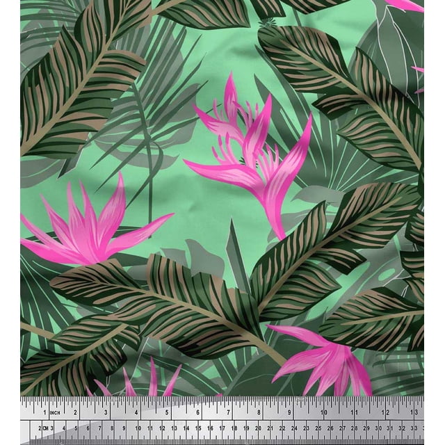 Soimoi Silk Fabric Floral & Leaves Tropical Decor Fabric Printed Yard 42 Inch Wide