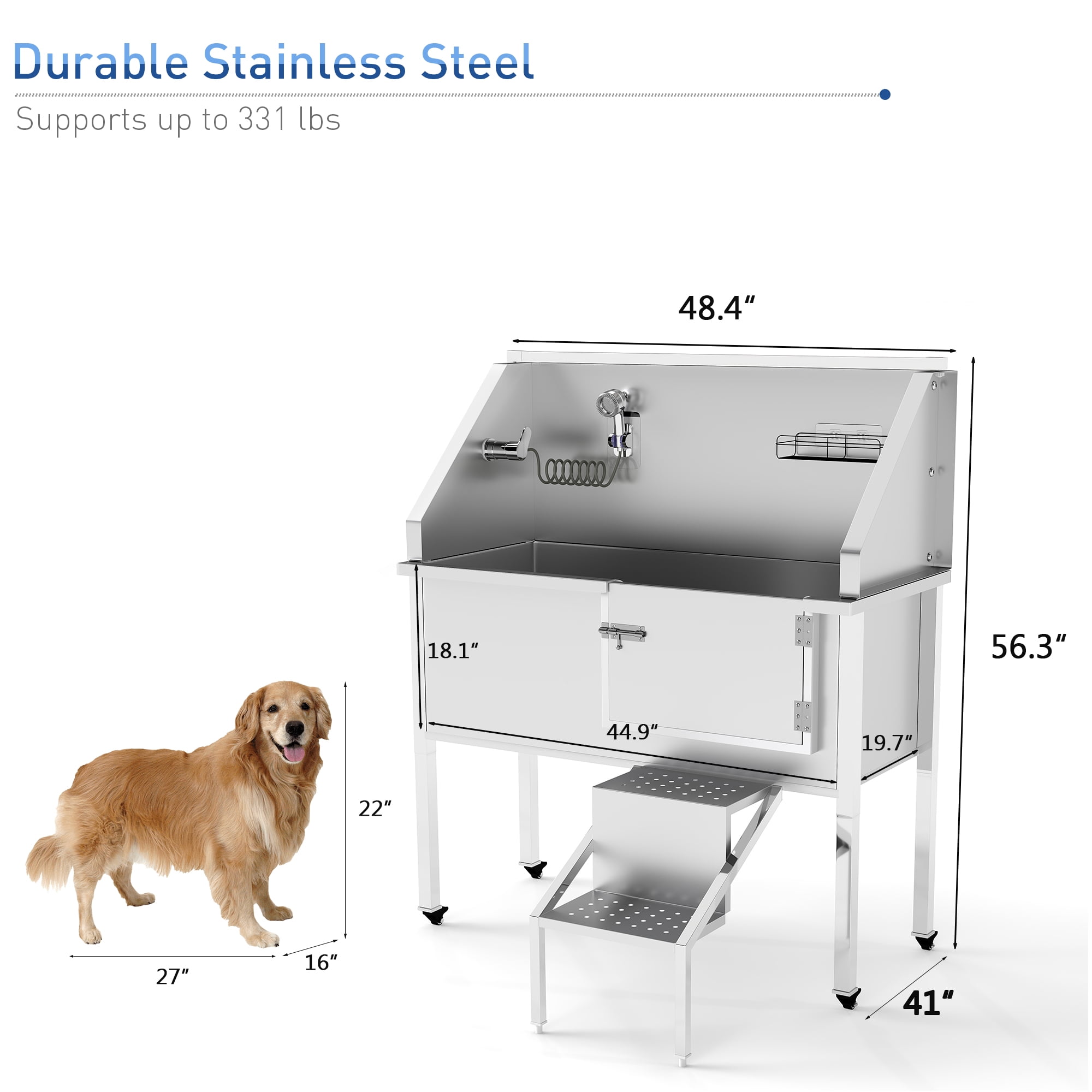 Pefilos 48" Pet Grooming Baths, Dog Bathing Station w/Stairs, Professional Stainless Steel Dog Grooming Tub with Faucet, Dog Bathtub for Large, Medium, Small Pets, Silver