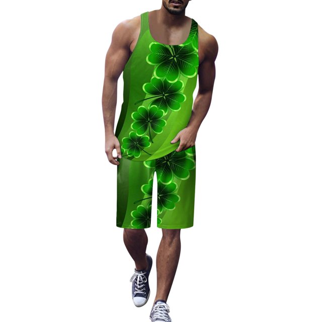 VBARHMQRT Men's Pajama Bottoms Cartoon Mens St. Pat's Day Casual Printed Round Neck Pullover Vest Drawstring Shorts Set Two Piece Set