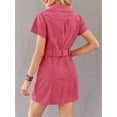 thumbnail image 3 of Women's Short Sleeve Lapel Zipper Belt Dress Corduroy Pocket Mini Dress, 3 of 6