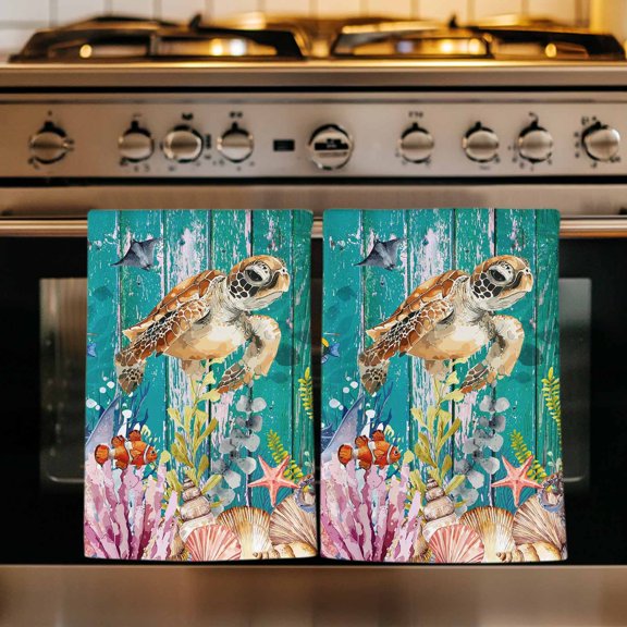 Turtle Coastal Kitchen Towels Set of 2, Summer Beach Coral Seahorse Green Wooden Retro Absorbent Dish Towels for Kitchen, Microfiber Hand Towel, Quick Drying Tea Towel for Cleaning Dishcloths