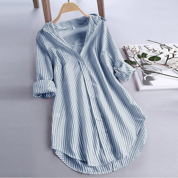 ICHUANYI 2023 Women's Button Down Striped Printing Shirts Oversized Lapel Long Sleeve Blouses V Neck Casual Loose Tops