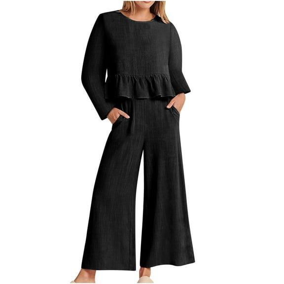 Babysbule Womens Tops Sets Clearance Blouse 2PC Fashion Woman Round Neck Long Sleeve Blouse Loose Cotton Linen Pockets Pants Sets Fall Saving
